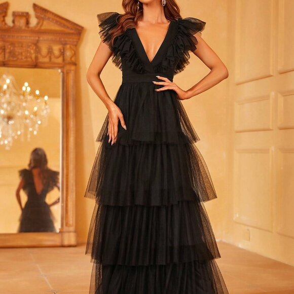 Black Elegant Women's Deep V-Neck Ruffled Flared Sleeves Evening Gown - Picture 5 of 6